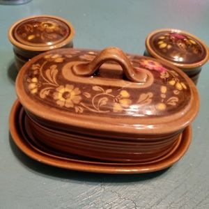 Vintage Floral Brown Ceramic Butter Dish Set